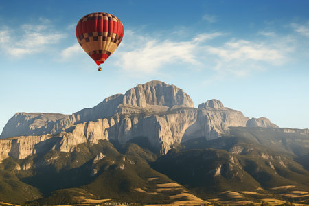 a hot air balloon floating past a mountain peak, created with generative aiの素材