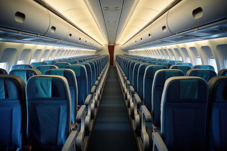rows of airplane seats seen from an aisle, created with generative aiの素材