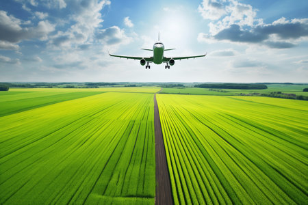 top view of airplane flying over green fields, created with generative aiの素材