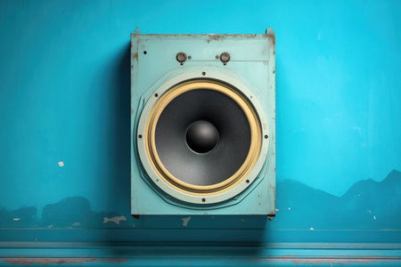 loudspeaker on a light blue wall, created with generative aiの素材