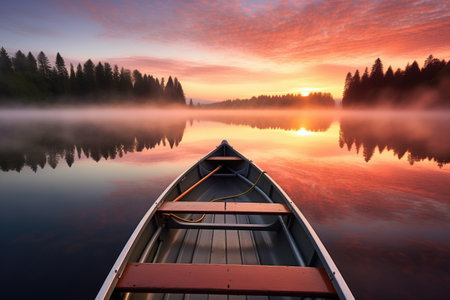 rowboat docked on tranquil lake at sunrise, created with generative aiの素材