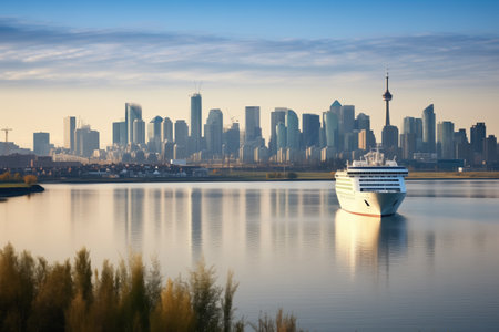 cruise ship leaving port with downtown cityscape seen from afar, created with generative aiの素材
