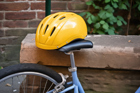 yellow childs bike helmet resting on a cargo bike seat, created with generative aiの素材