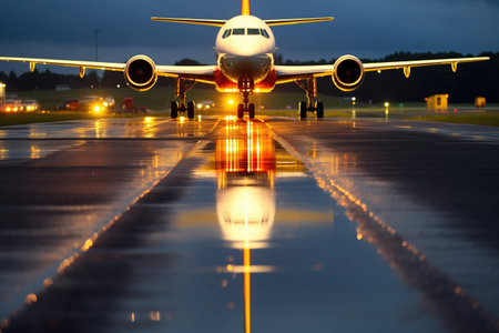 airplanes lights reflecting on the wet runway, created with generative aiの素材