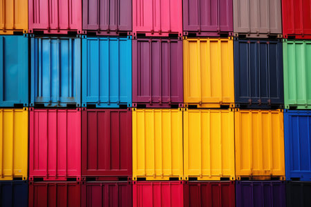 close-up of stacked shipping containers in vibrant colors, created with generative aiの素材