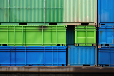 green and blue containers stacked side by side on dock, created with generative aiの素材