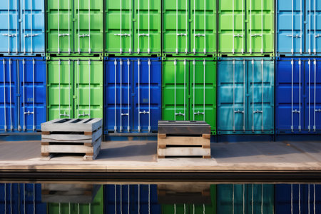 green and blue containers stacked side by side on dock, created with generative aiの素材