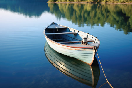 rowboat anchored on a calm, clear pond, created with generative aiの素材
