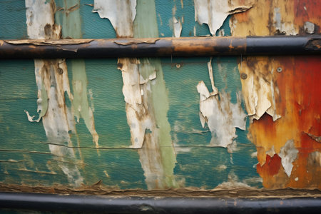 close-up of fresh paint on a wooden fishing boats hull, created with generative aiの素材
