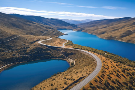 aerial view of a cycling route around a stunning blue lake, created with generative aiの素材