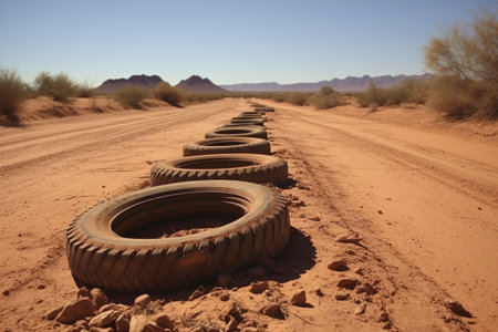 dusty bike tires on a desert cycling path, created with generative aiの素材