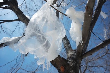 plastic grocery bags tangled in tree branches, created with generative aiの素材