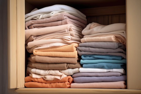 stack of folded towels in a linen closet, created with generative aiの素材