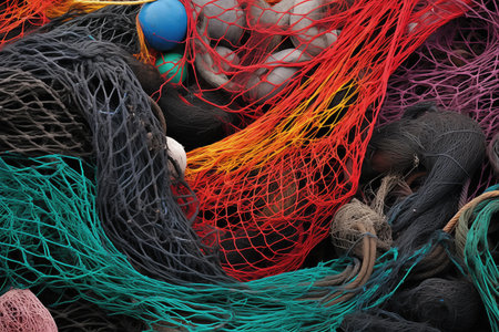 close-up of multicolored fishing nets stacked on a boat deck, created with generative aiの素材