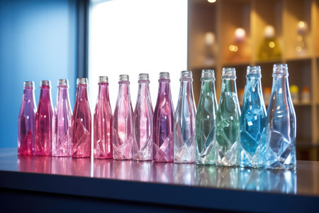 sparkling water bottles lined up on a gyms reception counter, created with generative aiの素材