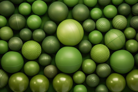 neatly arranged yoga balls in various shades of green, created with generative aiの素材