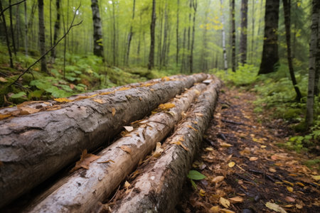 a close-up of wooden planks on a forest trail, created with generative aiの素材