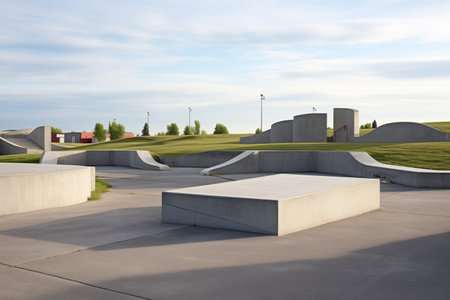 an empty concrete skateboard park with multiple ramps, created with generative aiの素材