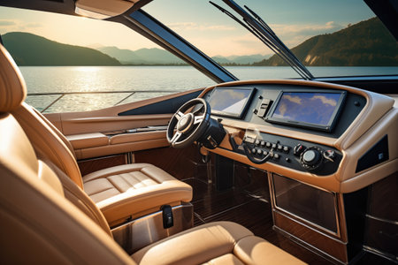 luxury motorboat interior featuring navigational equipment, created with generative aiの素材