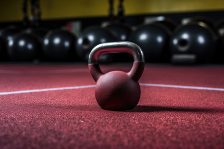 close-up of a kettlebell on a rubber mat, created with generative aiの素材