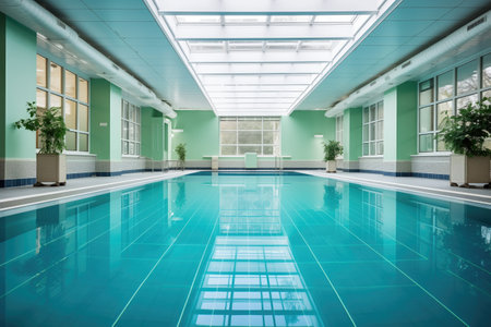 a pristine indoor swimming pool in a luxury gym, created with generative aiの素材