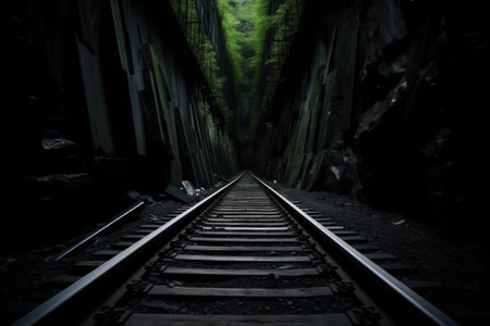 rail tracks leading into a dark tunnel, created with generative aiの素材