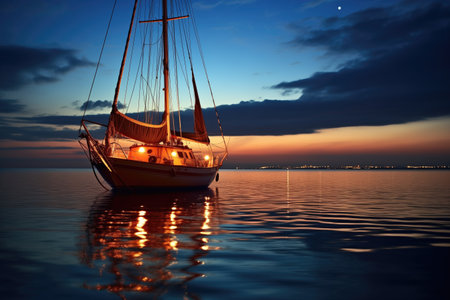 a sailing boat with navigation lights at dusk, created with generative aiの素材