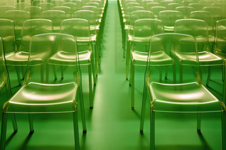 row of green plastic chairs in a lecture hall, created with generative aiの素材