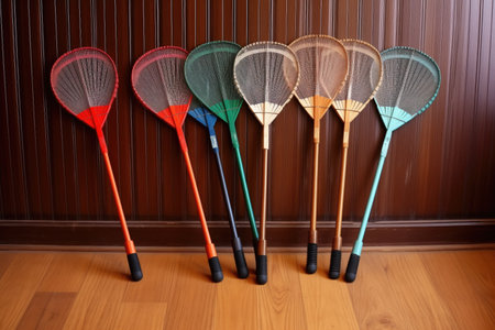 badminton racquets arranged in a row on a wooden floor, created with generative aiの素材