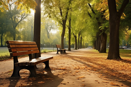 wooden benches in a public park, created with generative aiの素材