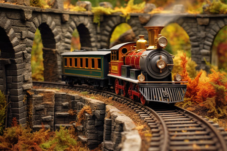 detailed miniature railroad track with model steam train, created with generative aiの素材