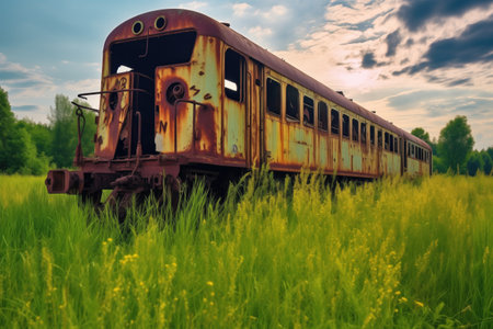 rusting abandoned train in a green field, created with generative aiの素材