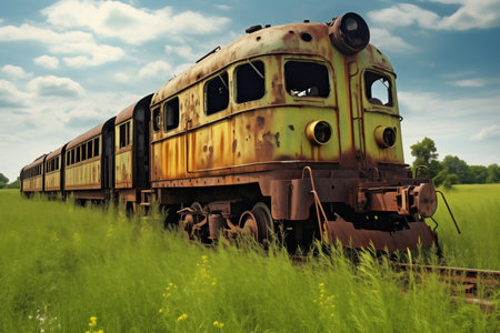 rusting abandoned train in a green field, created with generative aiの素材