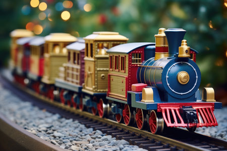 toy train carrying miniature holiday gifts, created with generative aiの素材