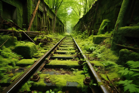 moss-covered abandoned train tracks, created with generative aiの素材
