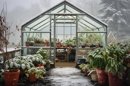 a greenhouse protecting plants during a winter storm, created with generative aiの素材