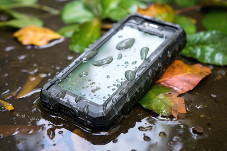 waterproof phone cover sitting in light rain, created with generative aiの素材