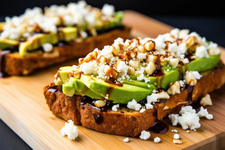 open-face sandwich with sliced avocado and crumbled feta on toast, created with generative aiの素材