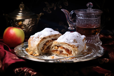 vegan apple strudel on a glass plate, created with generative aiの素材
