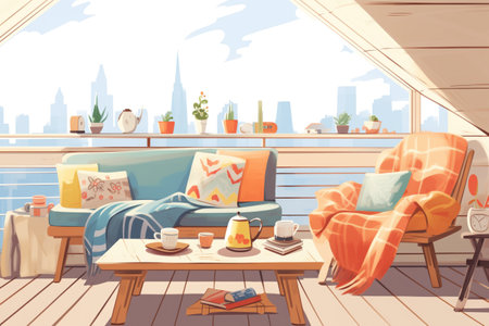 cozy blankets and pillows setup on a-frame loft balcony, magazine style illustration, created with generative aiの素材
