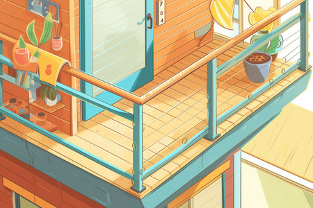 close-up detail of a-frame house loft balcony railing, magazine style illustration, created with generative aiの素材