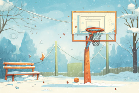 a basketball hoop covered in winter snow, created with generative aiの素材