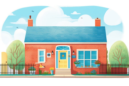 bright red brick cape cod house with a blue door, magazine style illustration, created with generative aiの素材