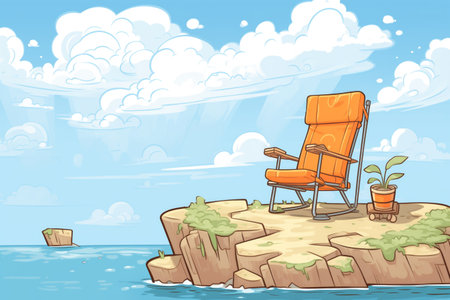orange camping chair on a cliff overlooking the ocean, created with generative aiの素材