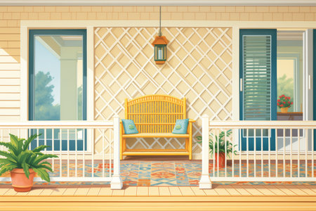 lattice-work porch detail on a cape cod home, magazine style illustration, created with generative aiの素材