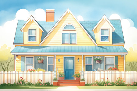 close-up of a sunny cape cod house with twin dormers, magazine style illustration, created with generative aiの素材