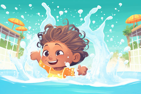 close-up of water splashing in a kids pool, created with generative aiの素材
