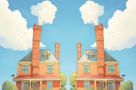 twin chimneys stretch to the skies above colonial house, magazine style illustration, created with generative aiの素材