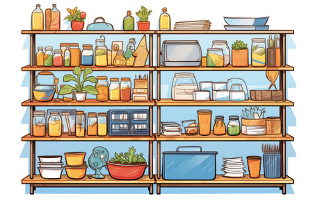 shelves filled with donated supplies for a cooking class, created with generative aiの素材