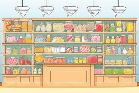 a fully stocked candy display at a movie theatre, created with generative aiの素材